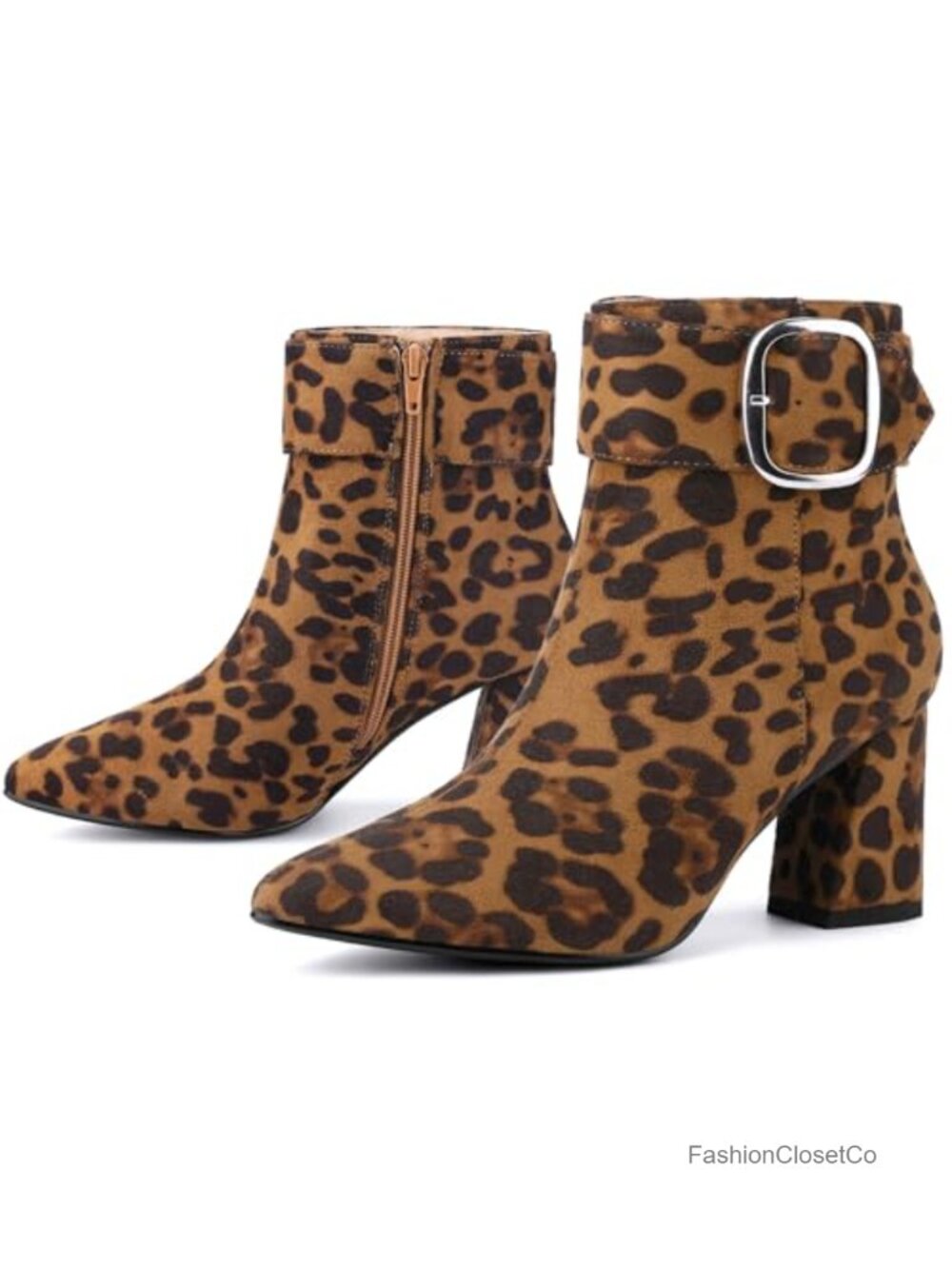 Chunky Heel Ankle Booties Pointed Toe Square Buckle Women's Boots Faux Suede